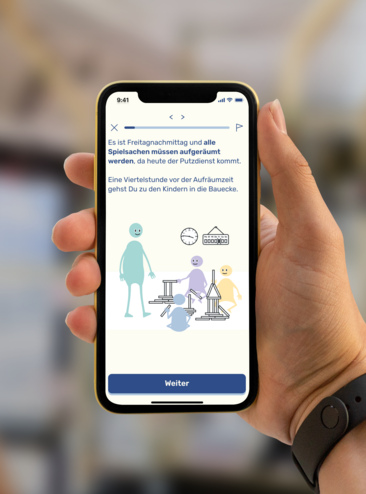 Person die ein Smartphone halt auf dem Kita-Situation illustriert ist 